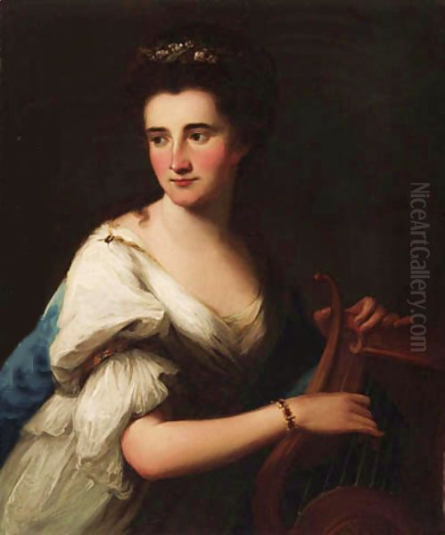 Portrait of Mrs. Cubley as Terpsichore, half-length, in a white dress and a blue wrap, playing a lyre - view 1