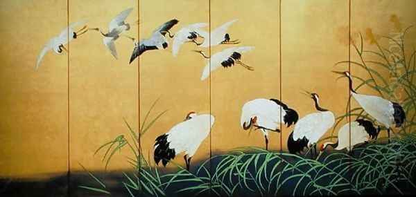 Six Fold Screen Depicting Reeds and Cranes Edo period Japanese - view 1