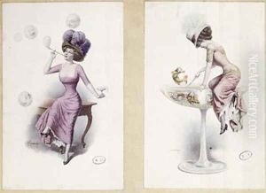 Postcards depicting a woman blowing bubbles and fishing in a Champagne Glass by F. Kuderna