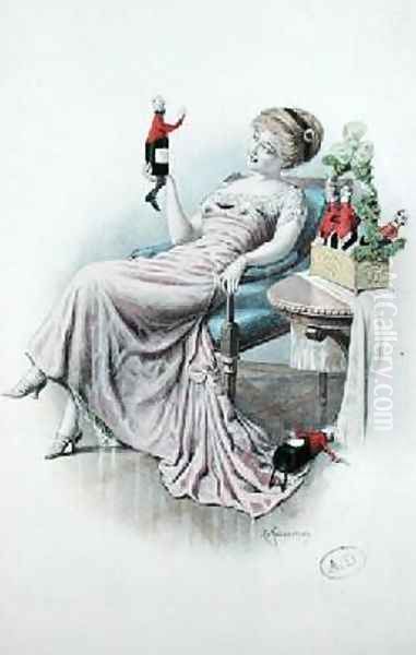 Postcard depicting a woman with bottles of champagne in the shape of men - view 1