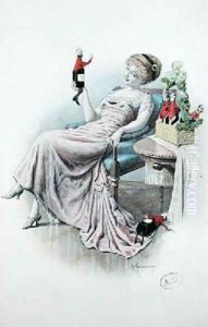 Postcard depicting a woman with bottles of champagne in the shape of men Postcard depicting a woman with bottles of champagne in the shape of men