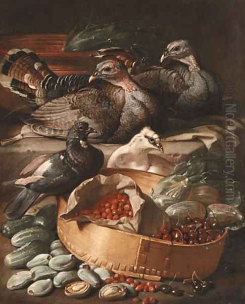 Turkeys and pigeons with cherries - view 1