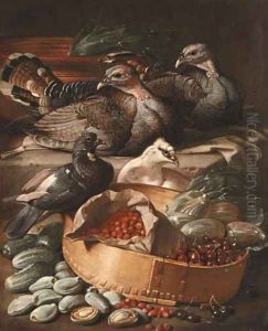 Turkeys and pigeons with cherries by Jacob van der (Giacomo da Castello) Kerckhoven