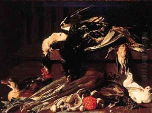 A dead cockerel and snipe and other birds on a ledge with doves by Jacob van der (Giacomo da Castello) Kerckhoven