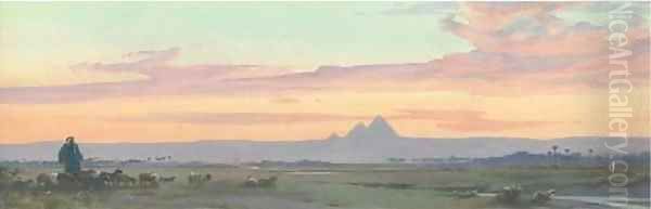 An Arab with his flock before the Pyramids of Giza - view 1