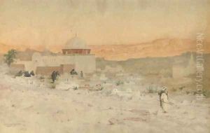 Arabs before a desert mosque at dusk by Robert George Talbot Kelly