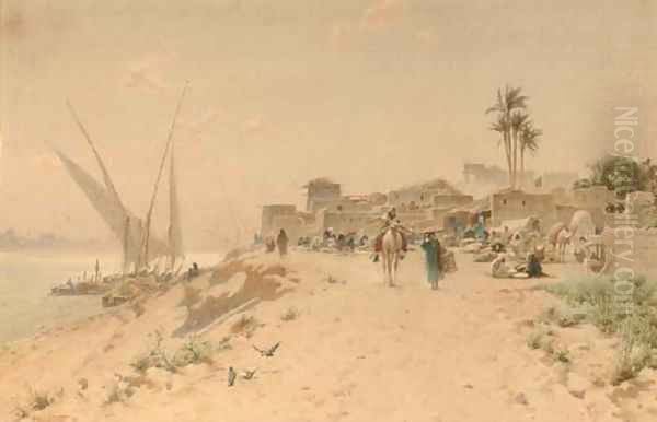 Feluccas unloading before a settlement on the edge of the Nile - view 1