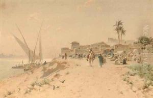 Feluccas unloading before a settlement on the edge of the Nile by Robert George Talbot Kelly