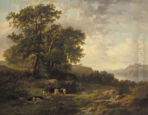 A rhenish river landscape with a herdsman and cattle by Cornelis Kimmel