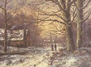 Figures on a path before a village in winter by Johannes Hermann Barend Koekkoek