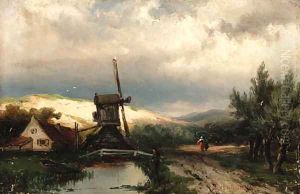 Fishing by the canal by Johannes Hermann Barend Koekkoek