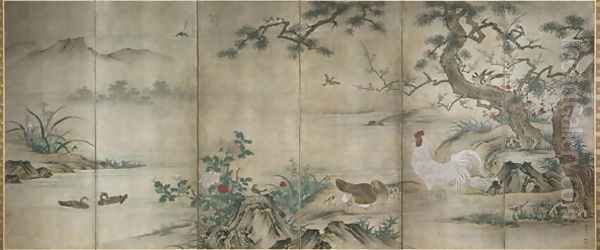 Birds and Flowers six panel folding screen Muromachi period - view 1