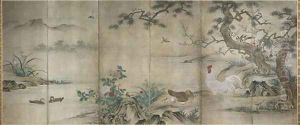 Birds and Flowers six panel folding screen Muromachi period by Shoei Kano