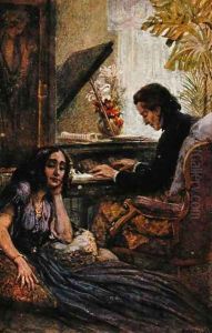 Postcard depicting George Sand 1804-76 listening to Frederic Chopin 1810-1849 play the piano by Adolf Karpellus