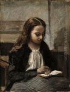 Jeune Fille Assise Lisant, Les Cheveux Sur Les Epaules by Jean-Baptiste-Camille Corot