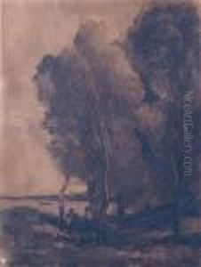 Promeneurs Au Bord De L'etang A Ville-d'avray by Jean-Baptiste-Camille Corot