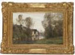 Voisinlieu Pres Beauvais - Maisons Au Bord De L'eau Avec Un Arbre Penche by Jean-Baptiste-Camille Corot