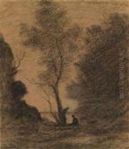 A Landscape With A Big Tree And Two Figures In The Foreground by Jean-Baptiste-Camille Corot