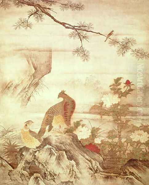Pheasants and peonies - view 1