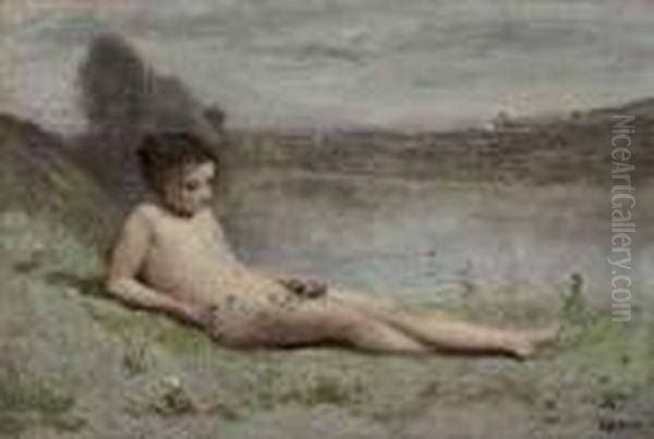 Jeune Baigneuse Couchee Sur L'herbe Au Bord D'un Etang - view 1