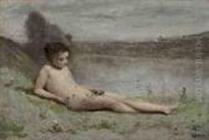 Jeune Baigneuse Couchee Sur L'herbe Au Bord D'un Etang by Jean-Baptiste-Camille Corot