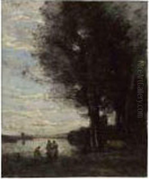 Trois Paysannes Avec Une Vache Au Bord De L'eau - view 1