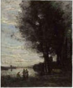 Trois Paysannes Avec Une Vache Au Bord De L'eau by Jean-Baptiste-Camille Corot