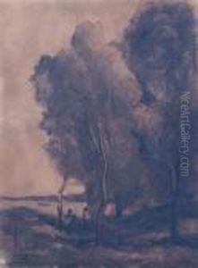 Promeneurs Au Bord De L'etang A Ville D'avray by Jean-Baptiste-Camille Corot