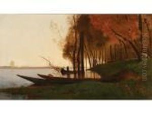 Awooded Shoreline With Boats Beside A Lake by Jean-Baptiste-Camille Corot