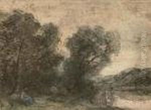 A Peasant Sitting On A Riverbank Beneath Some Trees by Jean-Baptiste-Camille Corot