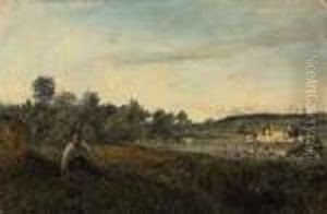 Jeune Patre Assis En Vue De L'etang by Jean-Baptiste-Camille Corot