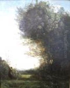 Solitary Figure In A Wooded Landscape by Jean-Baptiste-Camille Corot