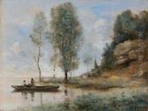 Bateau Sur Un Etang Avec Village A L'horizon by Jean-Baptiste-Camille Corot