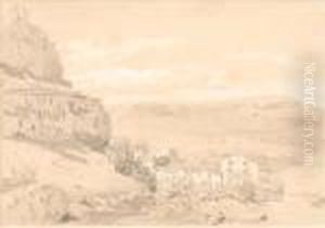 Buildings In A Mountainous Landscape by Jean-Baptiste-Camille Corot