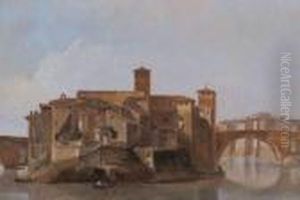 Vue Du Tibre Depuis Le Ponte 
Rotto Vers L'ile Tiberina Avec Lemonastere De San Bartolomeo, A Rome