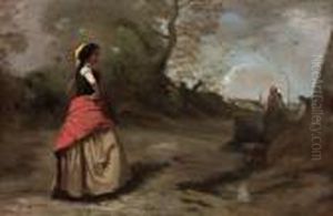Jeune Fille A La Jupe Rouge Et Jaune by Jean-Baptiste-Camille Corot