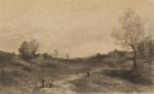 Skogslandskap Med Figurer by Jean-Baptiste-Camille Corot