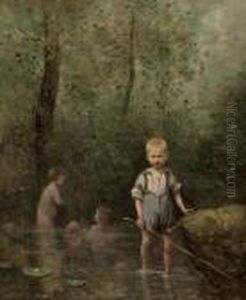 Enfants Jouant Dans Une Riviere by Jean-Baptiste-Camille Corot