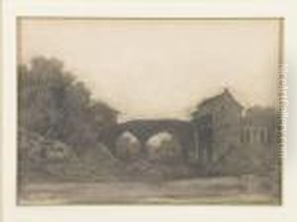 Landschaftspartie Mit Hausern Und Steinbrucke. - view 1