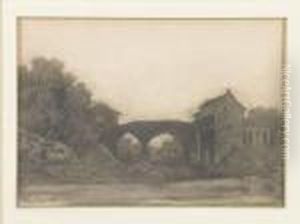 Landschaftspartie Mit Hausern Und Steinbrucke. by Jean-Baptiste-Camille Corot