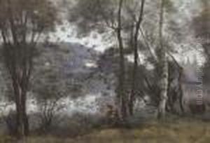 Ville D'avray. L'etang Vu A
Travers Le Feuillage (une Vachere Assise Au Bord De L'eau Sous Les
Arbres) by Jean-Baptiste-Camille Corot