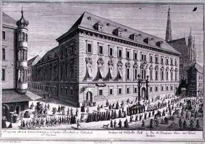 View of a funeral procession with the St Stephens Cathedral in the background by Salomon Kleiner