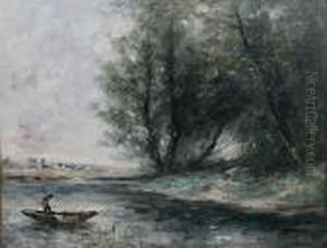 Wooded Lake With Figure In A Punt by Jean-Baptiste-Camille Corot