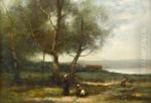 Peasant Women On A Path By Trees by Jean-Baptiste-Camille Corot