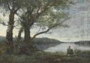 Les Trois Arbres En Vue Du Lac by Jean-Baptiste-Camille Corot