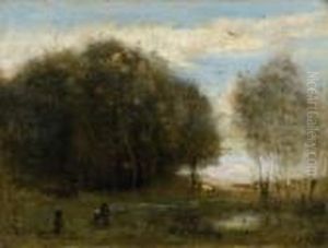 Trois Personnages En Vue D'un Village by Jean-Baptiste-Camille Corot