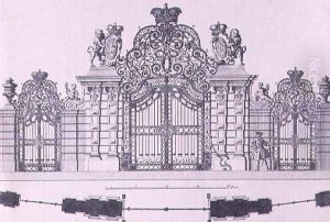 Plan and elevation of the entrance gates to Schloss Belvedere in Vienna probably designed by Johann George Oegg by Salomon Kleiner