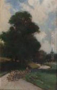 A Flock Of Sheep On A Country Lane With A Church Spire In The Background by Jean-Baptiste-Camille Corot