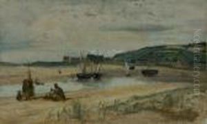 Plage De Sable Avec Bateaux Et Pecheurs, Sainte-adresse. by Jean-Baptiste-Camille Corot