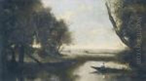 Flusslandschaft Mit Boot Und Figur. by Jean-Baptiste-Camille Corot